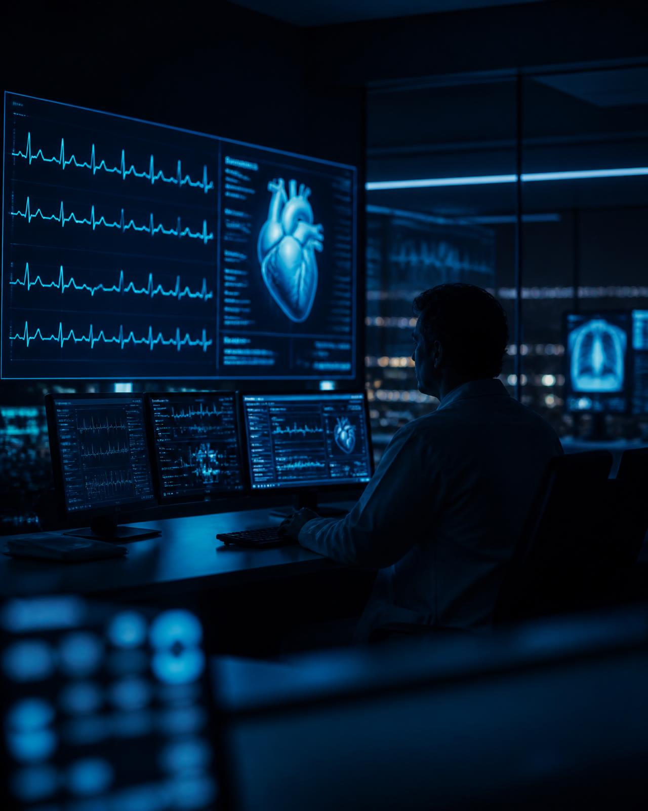 Remote cardiology operations center with ECG monitoring screens
