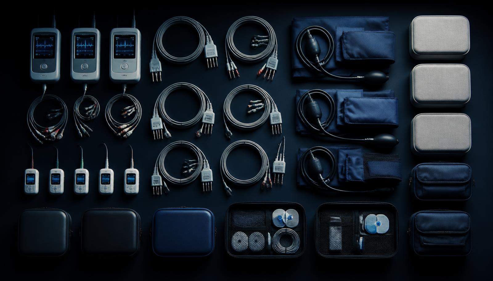 Cardiology diagnostic equipment kit laid out in precise order: Holter monitors, ECG leads and ambulatory blood pressure cuffs
